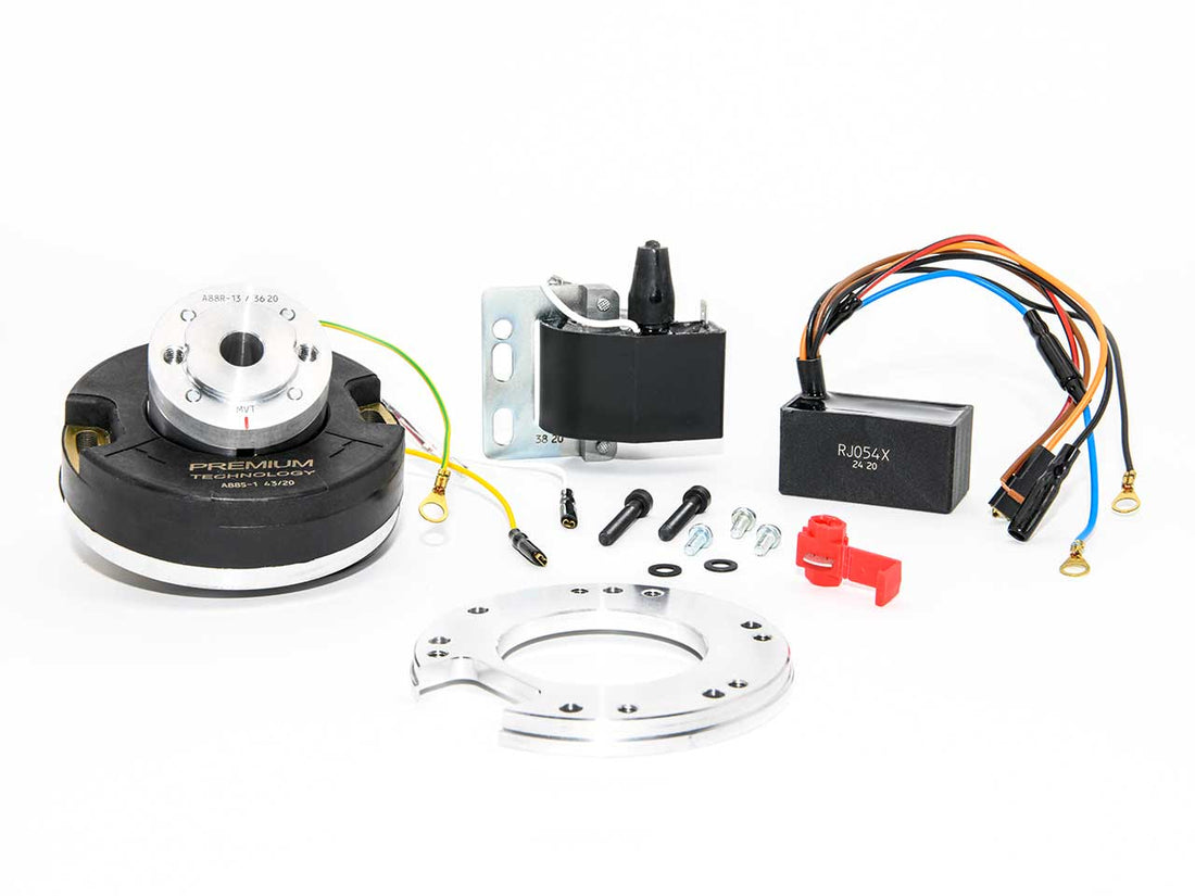MVT Zündung für einen MBK 6 Gang Motor. Analoger Stator mit Montageplatte, Innenrotor, Zündspule und CDI.