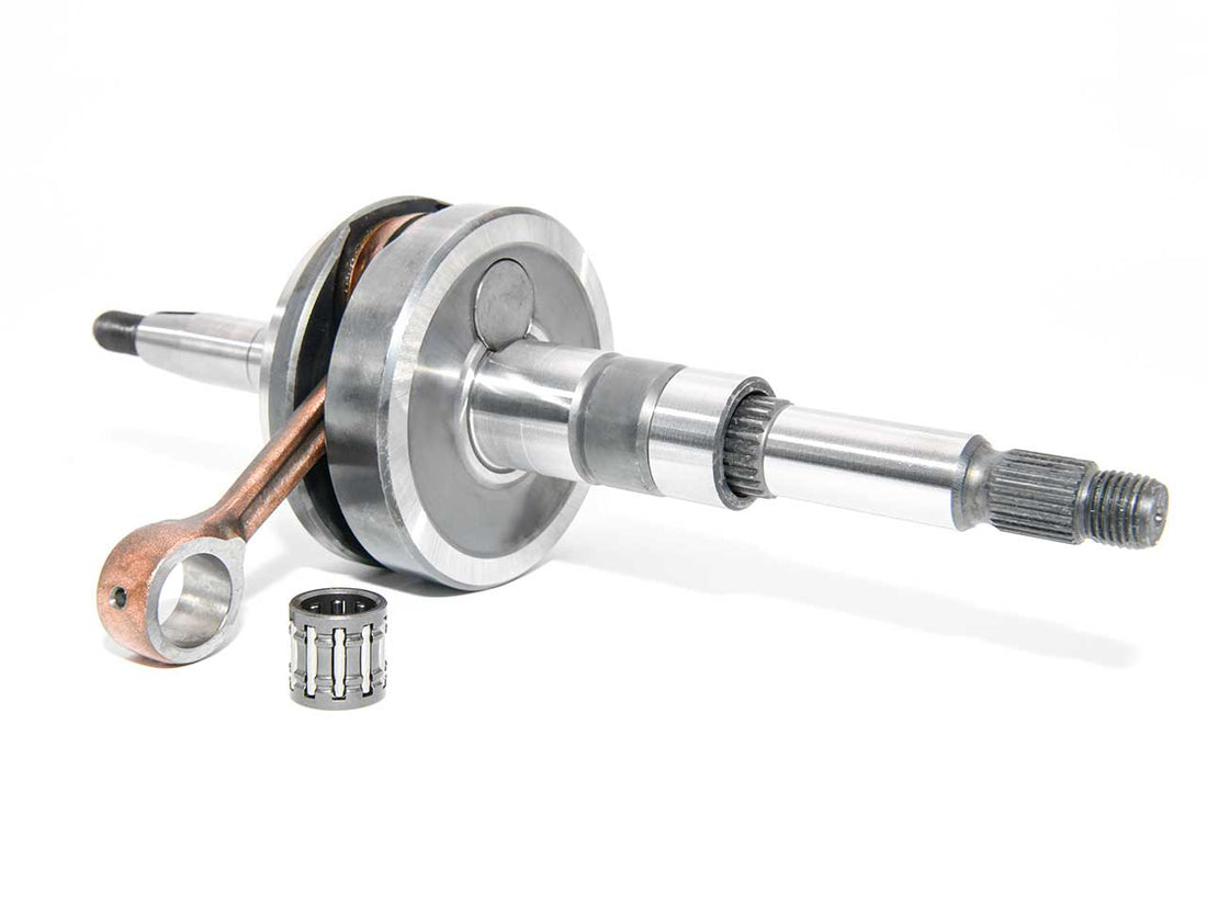 Barikit Kurbelwelle für einen Aprilia Ditech Roller Motor. Eine Pleuelstange mit Hubzapfen und ein Nadellager.