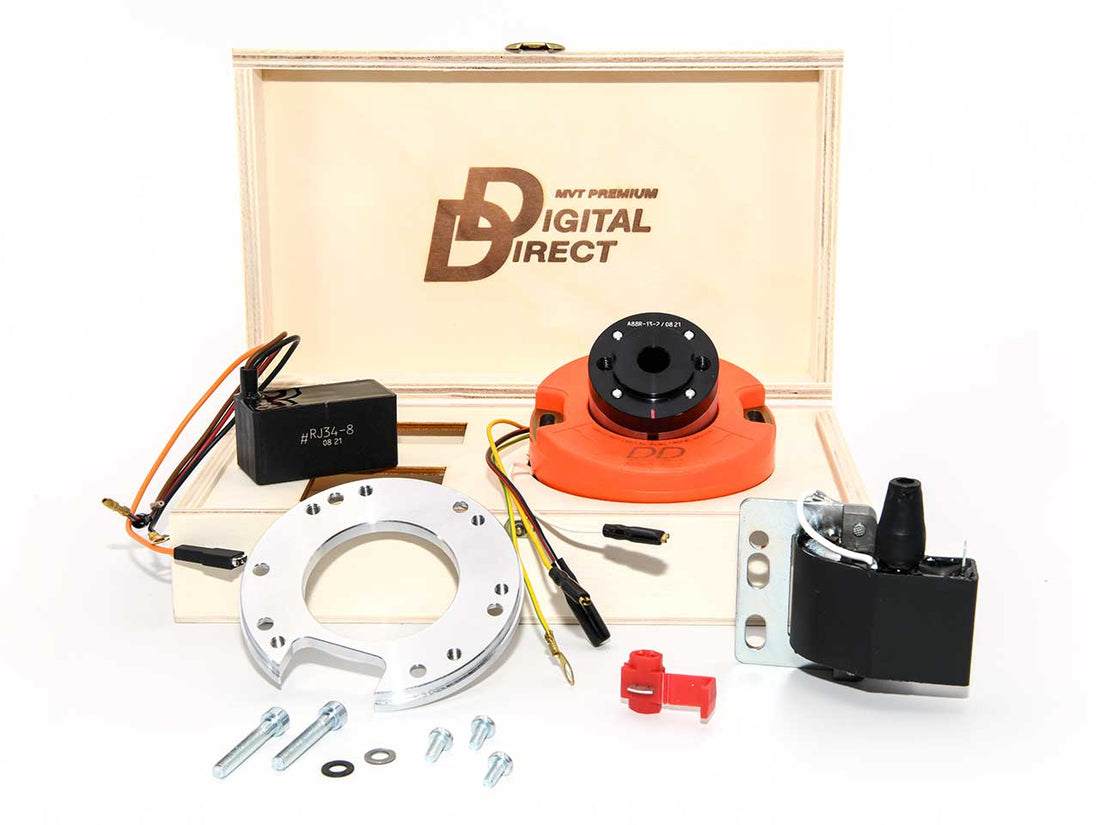 MVT Zündung für einen MBK 6 Gang Motor. Digitaler Stator mit Montageplatte, Innenrotor, Zündspule und CDI. Verpackt in Holzkiste.