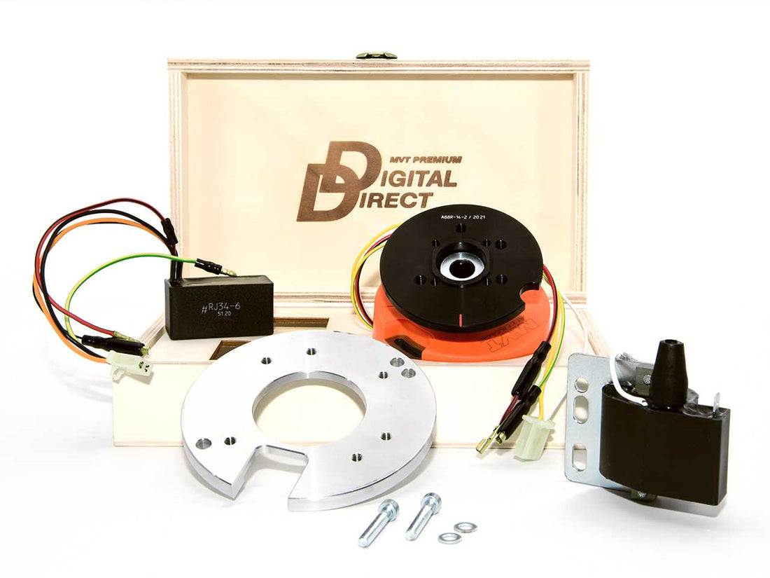 MVT Zündung für einen Peugeot Buxy  Motor. Digitaler Stator mit Montageplatte, Innenrotor, Zündspule und CDI. Verpackt in Holzkiste.