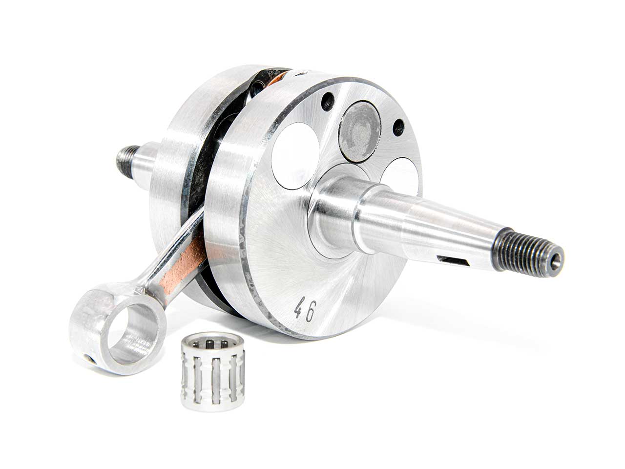 Barikit Kurbelwelle für einen AM6 Moped Motor. Eine Pleuelstange mit Hubzapfen und ein Nadellager.
