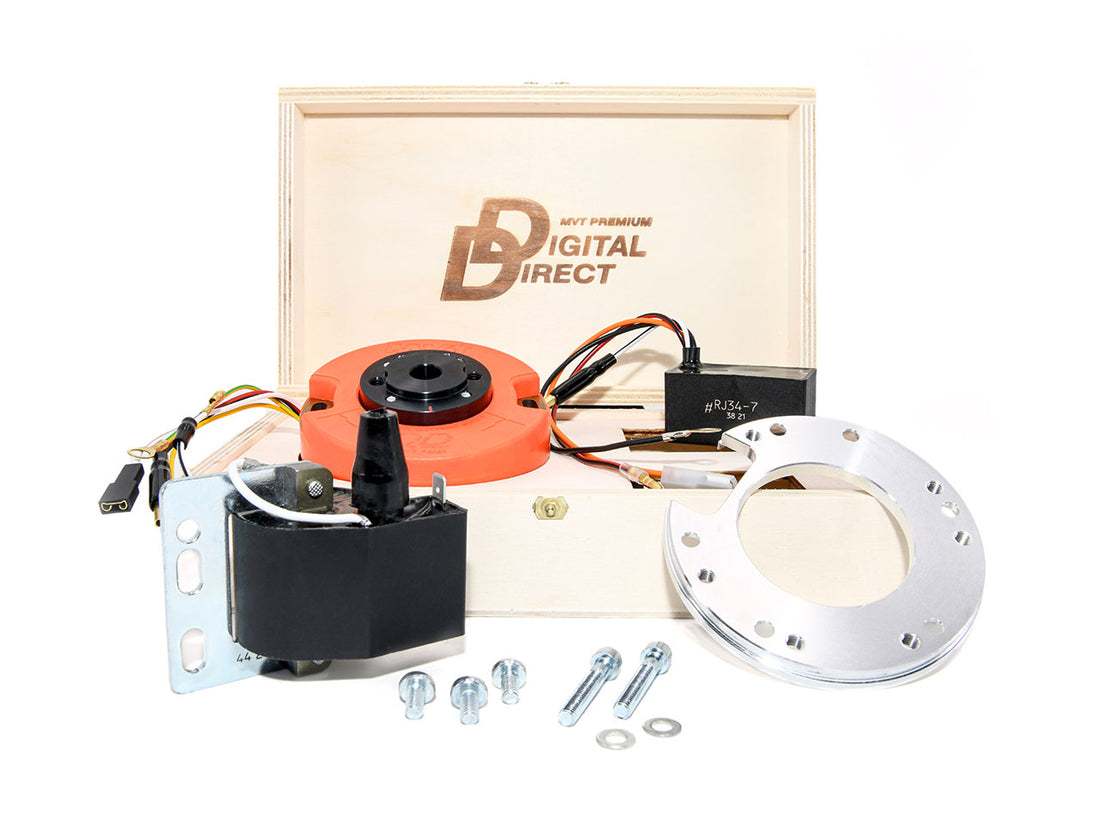 MVT Zündung für einen Derbi Senda Motor. Digitaler Stator mit Montageplatte, Innenrotor, Zündspule und CDI. Verpackt in Holzkiste.